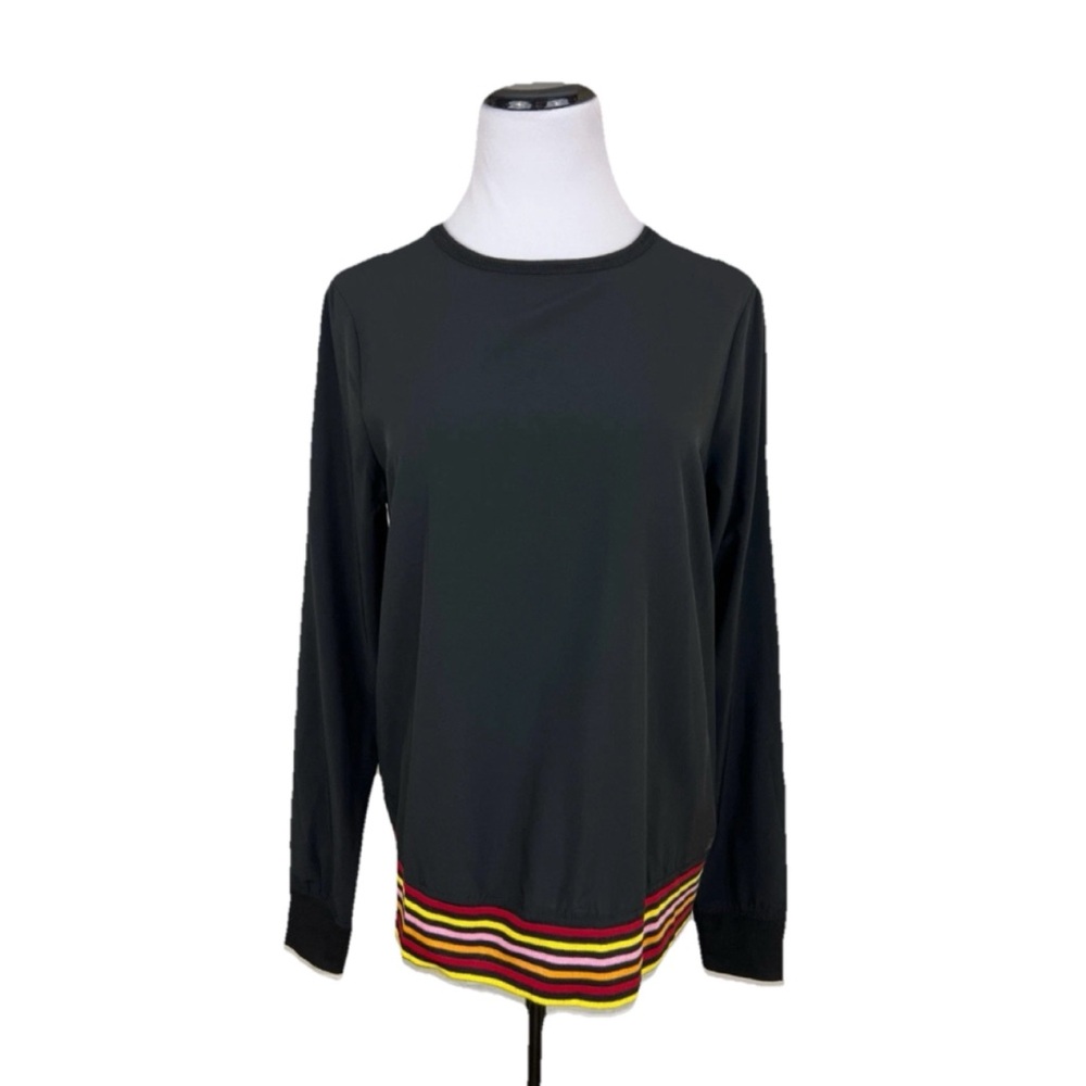 C&C California Long Sleeve Split Back Striped Hem Top Black Size Small